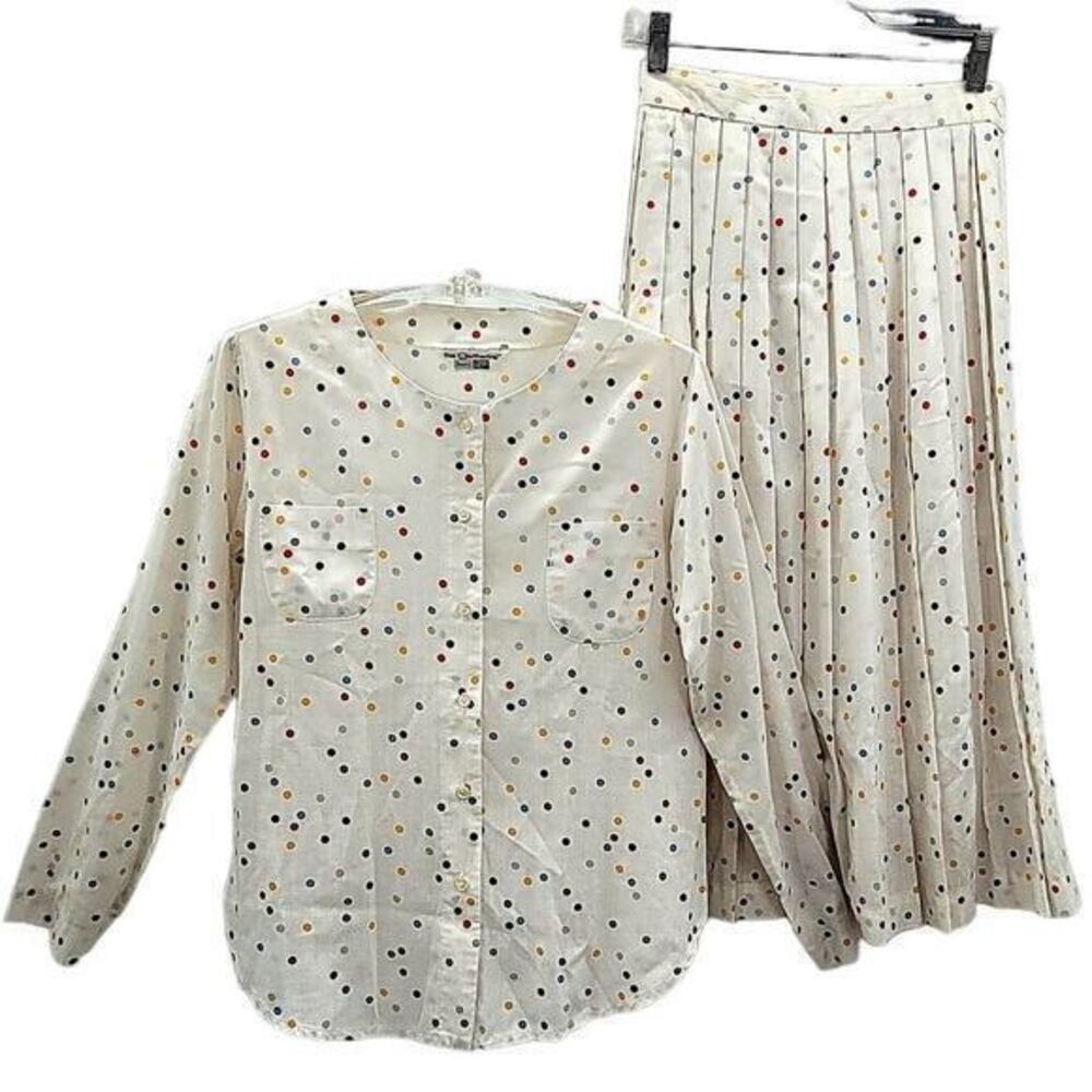 Sears Vintage 60s Polka Dot 2 Piece Skirt Set Oversized Long Sleeve Maxi Pleated